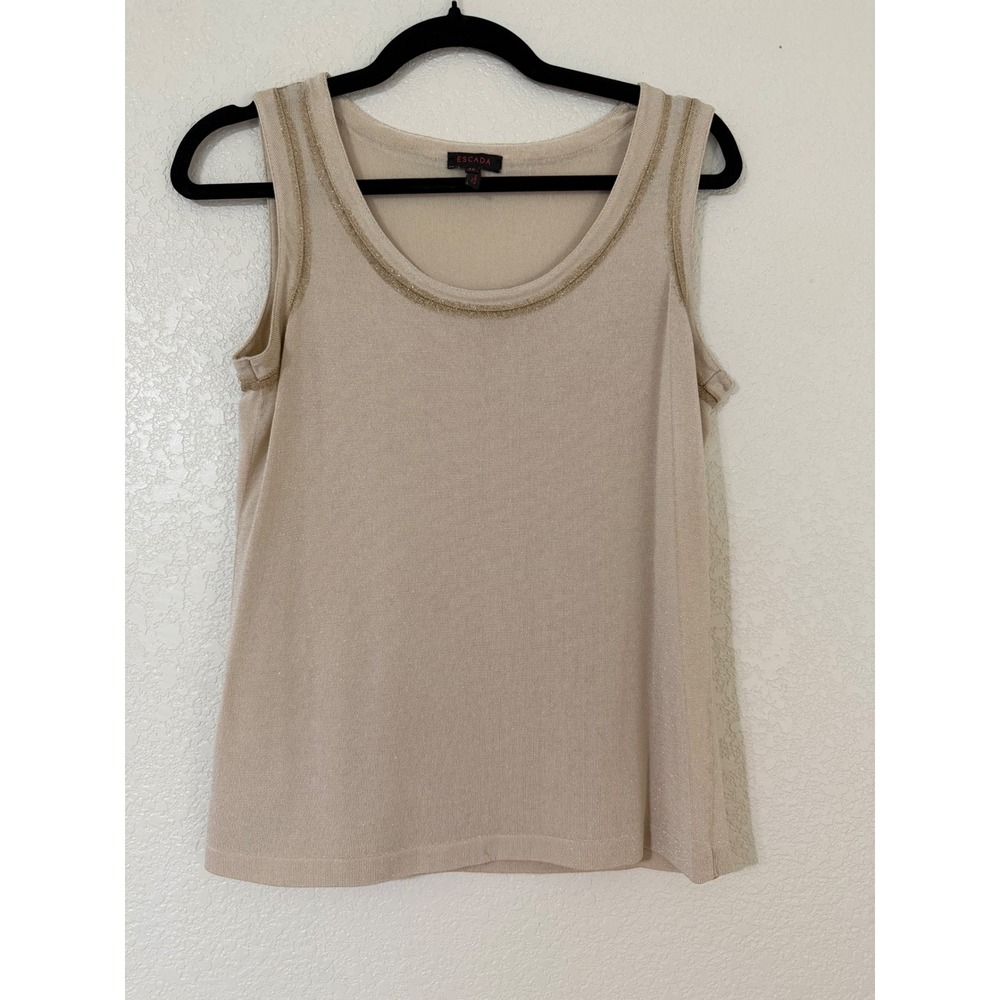 Escada Beige Metallic Knit Tank Top Gold Chain Trim Made in Italy Size 38